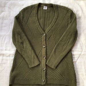CAbi Olive Green Ribbed V-Neck Cardigan Style 3536 Aerial Sz Small 100% Cotton